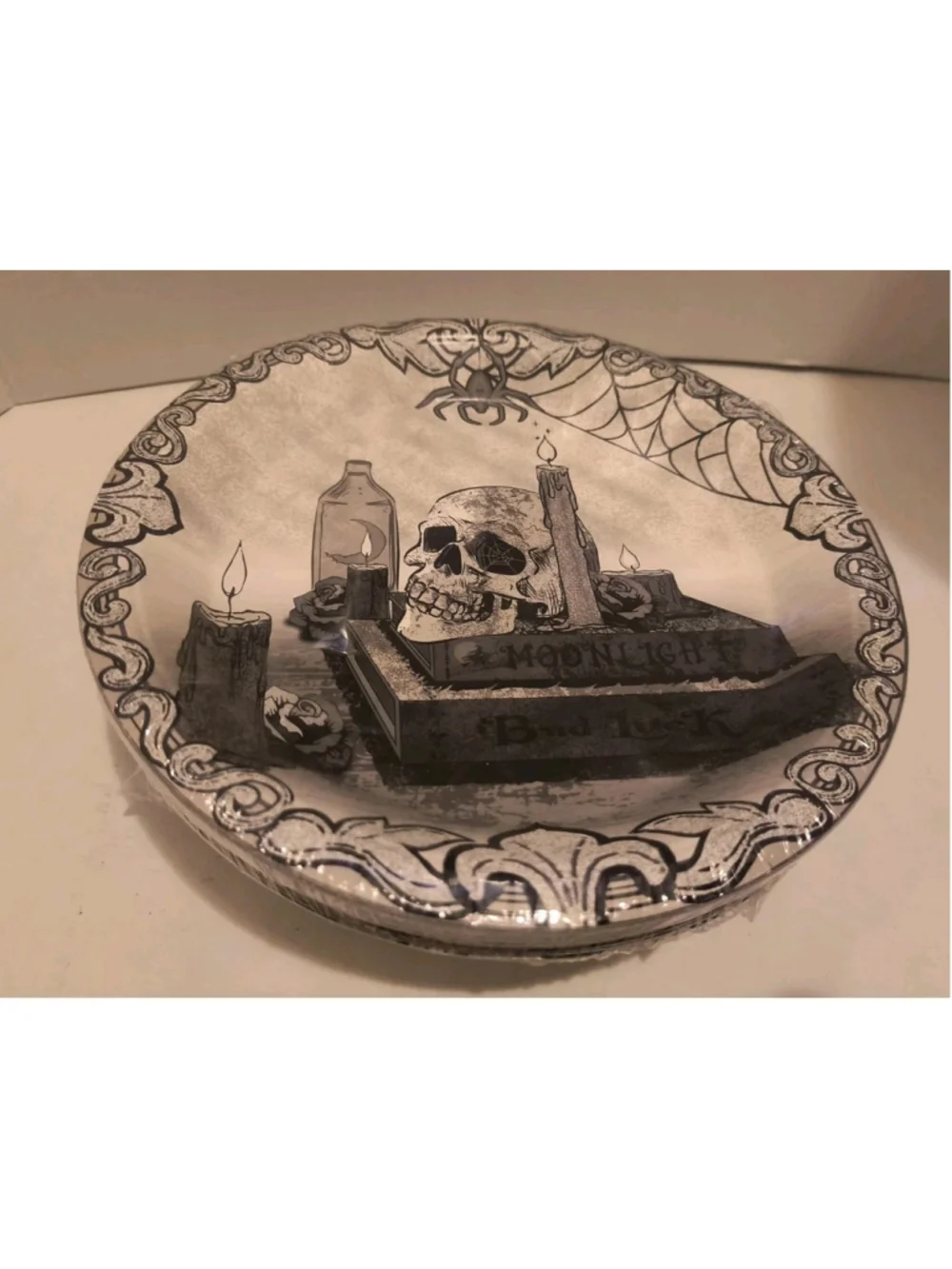 Paper Plates Skull Crow Candles Potions Halloween Theme Gothic 4 Packs 64 Total